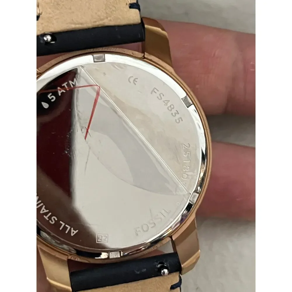 Fossil Grant FS4835 Rose Gold Chronograph Navy Leather Watch NWT